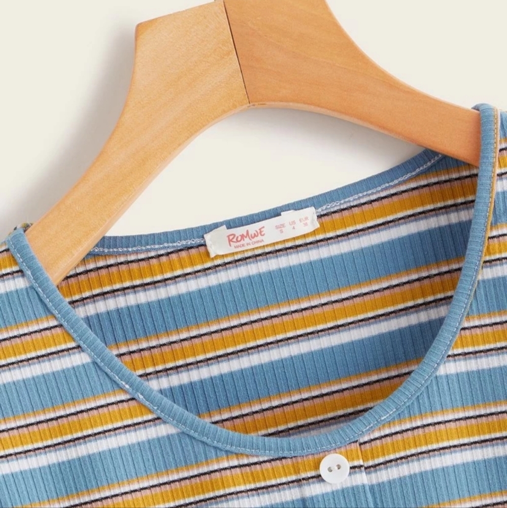 2/$20 | ROMWE | Striped Button Front Ribbed Tee - Picture 3 of 8
